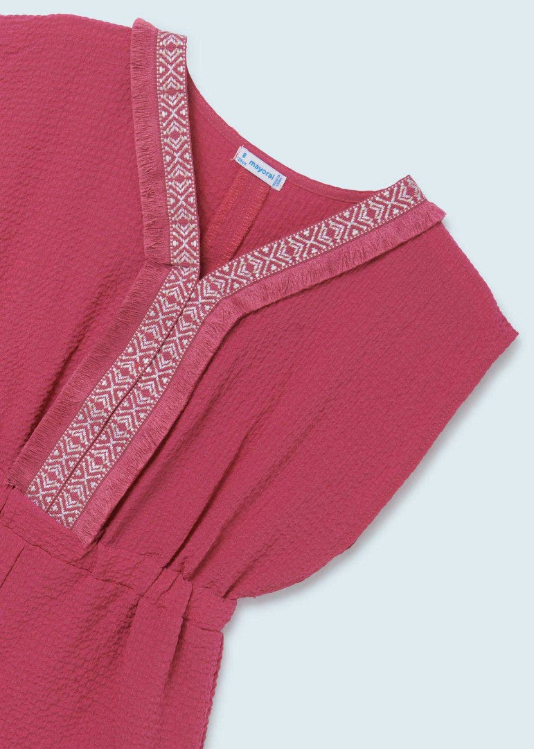 Mayoral girls caftan romper, bougainvillea pink, detail