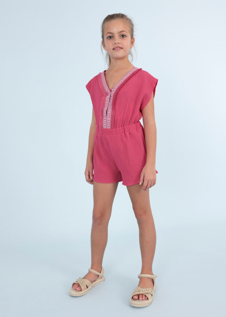 Mayoral girls caftan romper, bougainvillea pink, styled on model