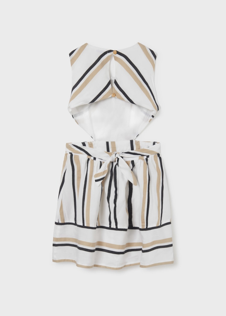 Mayoral tween girls tailored cutout dress, black/tan stripes, back view