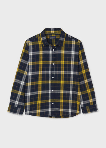 7151 Mayoral Boys Eco-Sustainable Plaid Long Sleeve Shirt, Black/Yellow