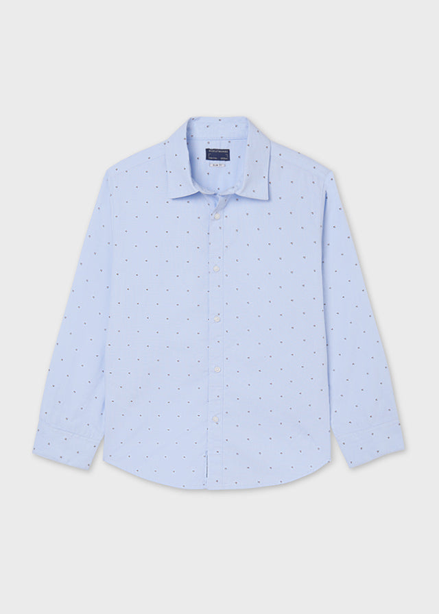 Mayoral Boys Collared Light Blue Dotted Printed Long Sleeve, Button Up, Front