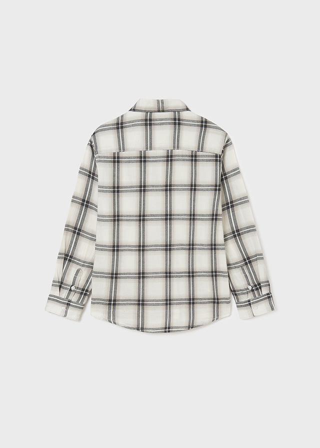 Boys Mayoral Long Sleeve Cream Plaid Shirt, Collared, Back, Eco-Sustainable Shirt