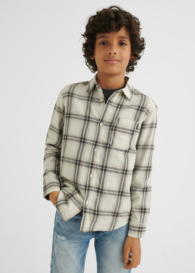 Boys Cream Mayoral Plaid Long Sleeve Collared Shirt, Front Functional Button Fastening