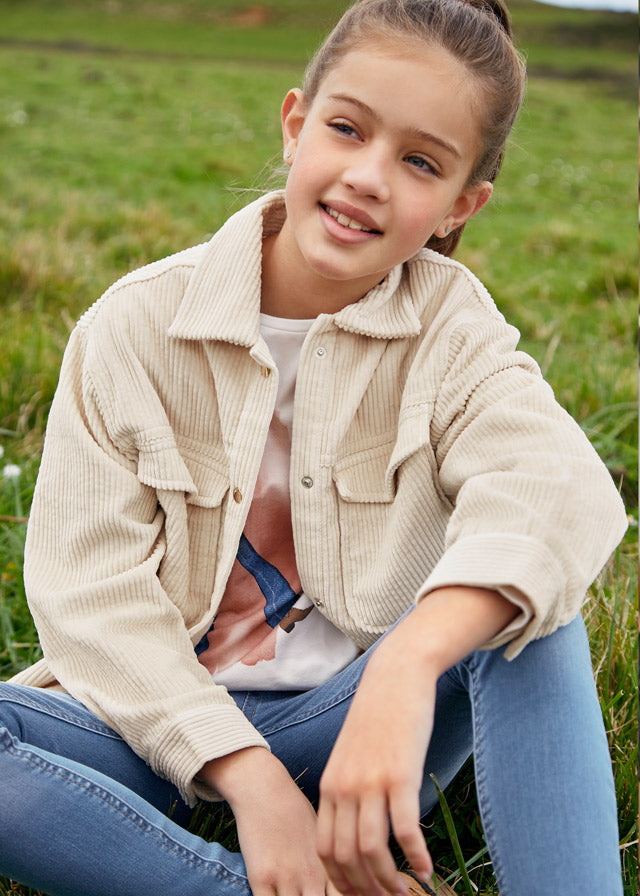 Girls Long Sleeved Corduroy Chickpea Overshirt, Collared, Front Central Button Fastenings
