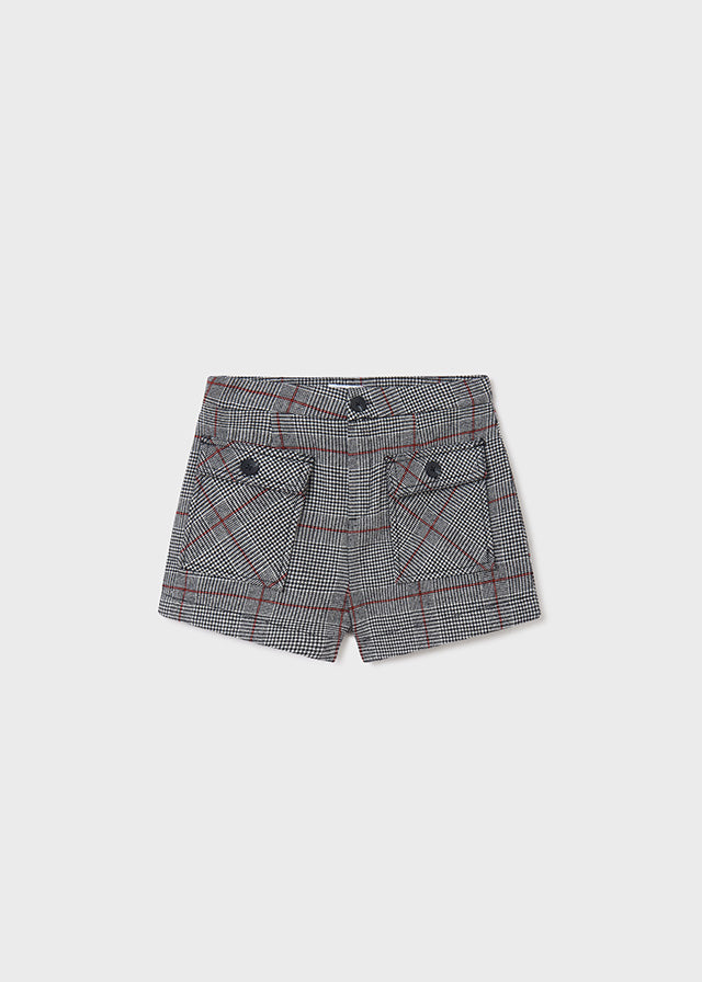 Mayoral Girls Front Black Plaid Checkered Shorts, Elasticated Waistband, Front Functional Pockets