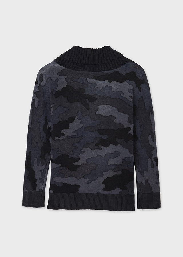 Knitted Shawl Collar, Boys Mayoral Long Sleeve Sweater, Petroleum/Dark Grey 