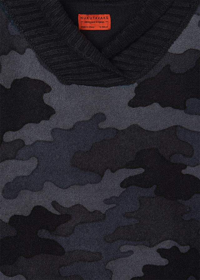 Petroleum/Dark Grey Camo Sweater, Slight V-Neck knitted Shawl