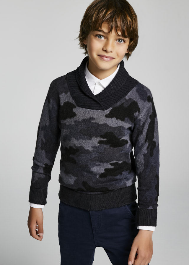 Boys Slight V-Neck Knitted Collar Design, Petroleum Dark Grey Sweater, Long Sleeve 