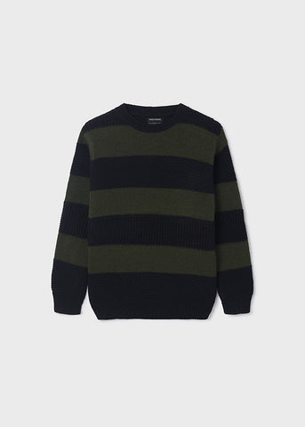 7363 Mayoral Boys Knit Crewneck Sweater, Green Striped