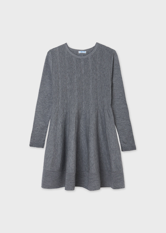 Mayoral Girls Steel Grey Knit Ribbed Dress, Long Sleeve, Round Neckline, Front