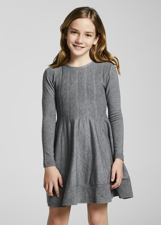 Mayoral Girls Knit Dress, Steel Grey, Round Neckline Long Sleeve, Ribbed Top Flowy Bottom, Live 