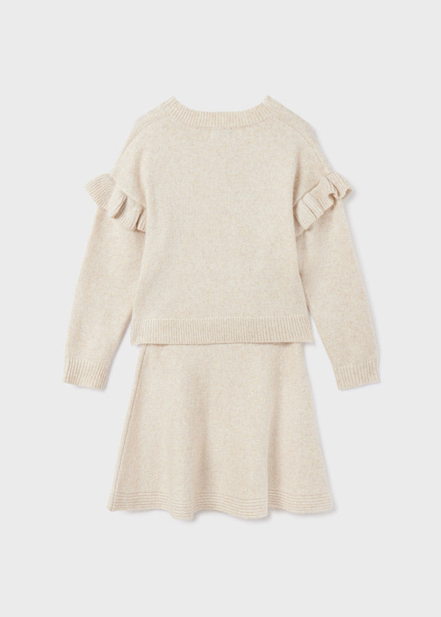 Girls Mayoral Marzipan Long Sleeved Knitted 2 PC Set, Skirt and Matching Top, Back 