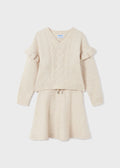 Mayoral Girls Knitted Long Sleeved V-Neck Top and Matching Skirt Set, Front