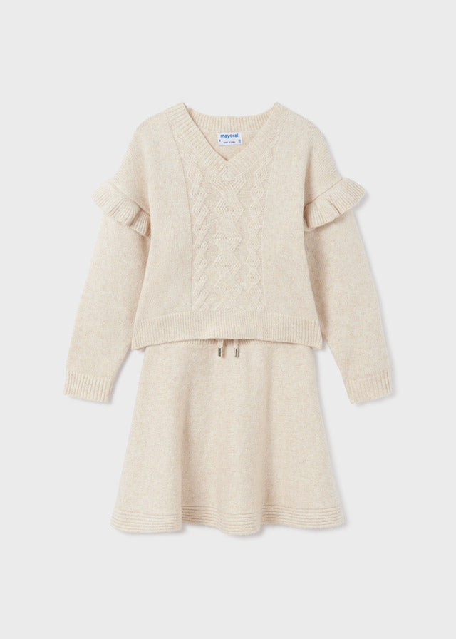 Mayoral Girls Knitted Long Sleeved V-Neck Top and Matching Skirt Set, Front