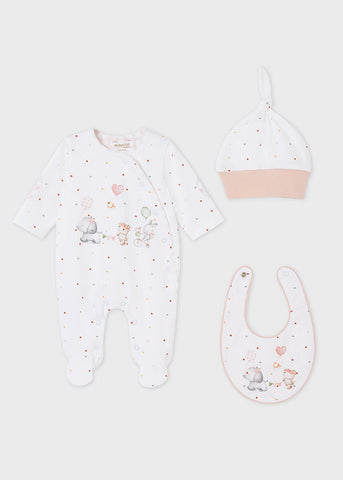 9119 Mayoral Girls Baby Layette 3PC Set Footie Pajamas, Bib, & Hat, Safari Friends Pink