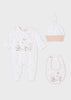 Girls Mayoral Blossom Baby Pink 3 PC Set, Footie Pajamas, Top Knotted Beanie and Matching Bib, Front