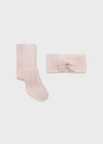 9414 Mayoral Tights with Headband, Lt Baby Pink