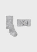 Mayoral Girls Heather Grey Tights with Matching Headband, Decorative Lacing, Bow on Headband 