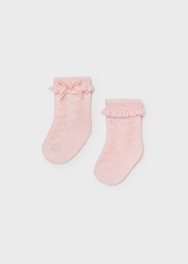 Mayoral Girls Baby Pink Lace Ruffled Socks, Front 