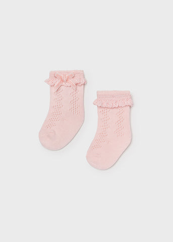 9427 Mayoral Girls Openwork Knit Lace Ruffled Ankle Socks, Baby Pink