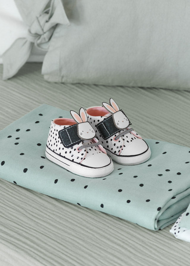 Mayoral Girls Canvas Sneakers, 3D Bunny, Velcro Straps, Black and White 