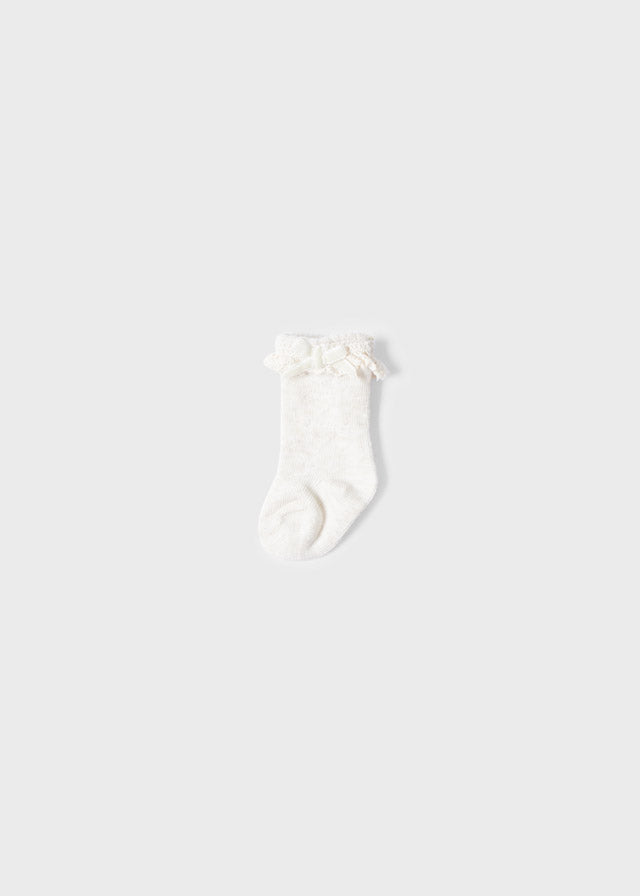 Mayoral Girls Knitted Socks, White, Decorative Lace and Velvet Bow
