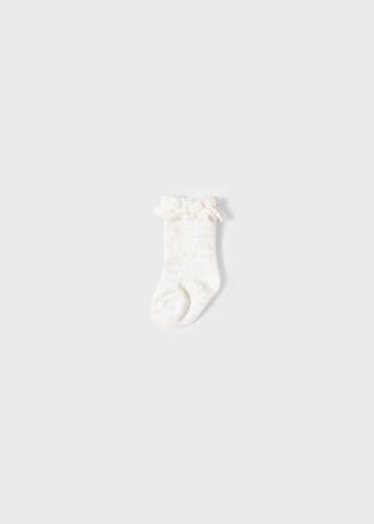 9538 Mayoral Girls Lace and Velvet Bow Knit Socks, White