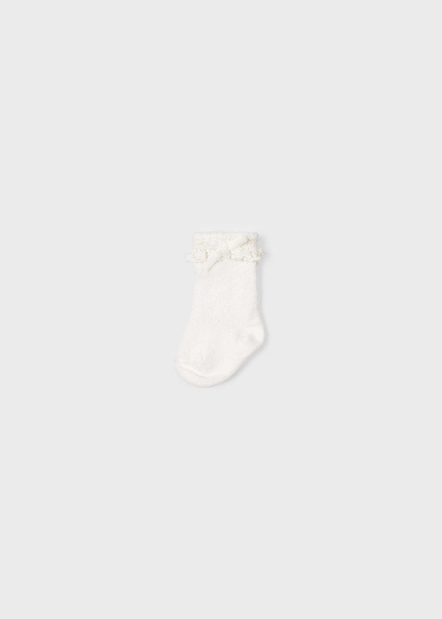 Mayoral Girls Short Knit Socks, Natural, Decorative Lace and Velvet Bow