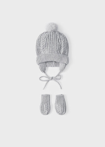 9547 Mayoral Boys Knitted Beanie w/ Matching Mittens, Light Gray, Eco-Friendly