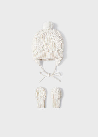 9547 Mayoral Boys Knitted Beanie w/ Matching Mittens, Cream, Eco-Friendly