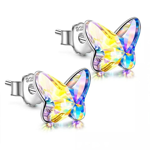 925 Sterling Silver Pierced AB Crystal Earrings, Butterfly