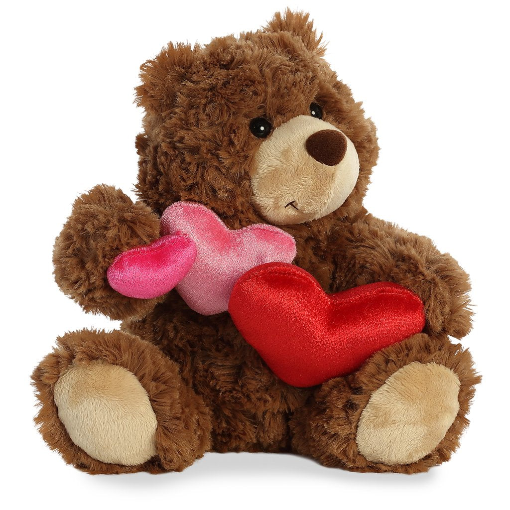 Aurora Plush Truffle 3x Heart Teddy Bear, Caramel 9"