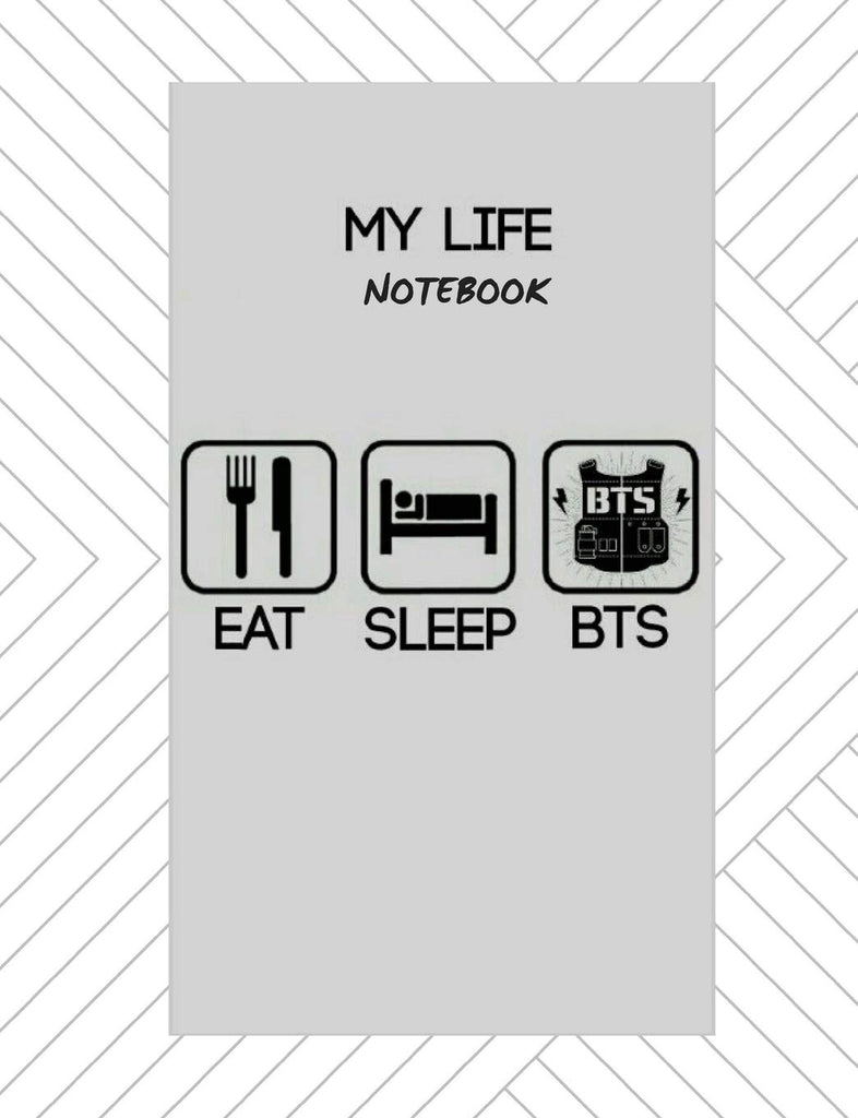 Grey My Life Notebook with eat, sleep, BTS words and logos 