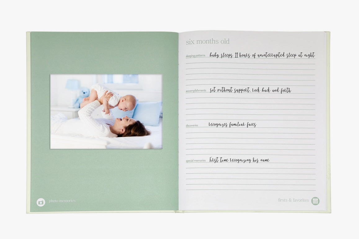 Baby Book -1st Year Baby Journal & Memory Book Keepsake - Sage Green Leaves