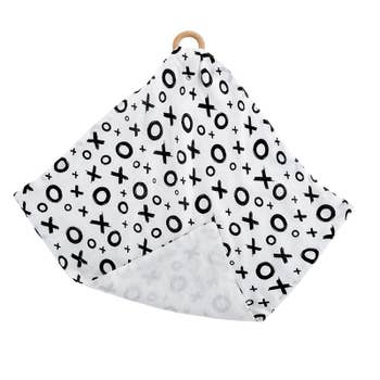 Unisex teething ring white blankie with XO written all over in black lettering