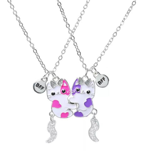 Best Friends BFF Pendant Necklaces, 2PC Set, Pink & Purple Kitty Cats