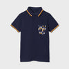 6108 Mayoral Boys Navy Short Sleeved Polo Shirt, Front Pocket Surfboard Printed, Orange Lined Collar and Sleeves