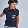 6108 Mayoral Boys Short Sleeved Polo, Orange Lined Short Sleeves, Front Pocket Surfboard Printed, Navy orange Lined Collar, Three Front Buttons