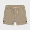 Boys Tan Linen Relaxed Shorts, Front, Adjustable waistband, Button on side of pants and two front pockets
