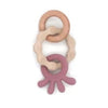 Teething Toy - Silicone & Raw Wood Tri Ring, Dusty Rose Pink Squid
