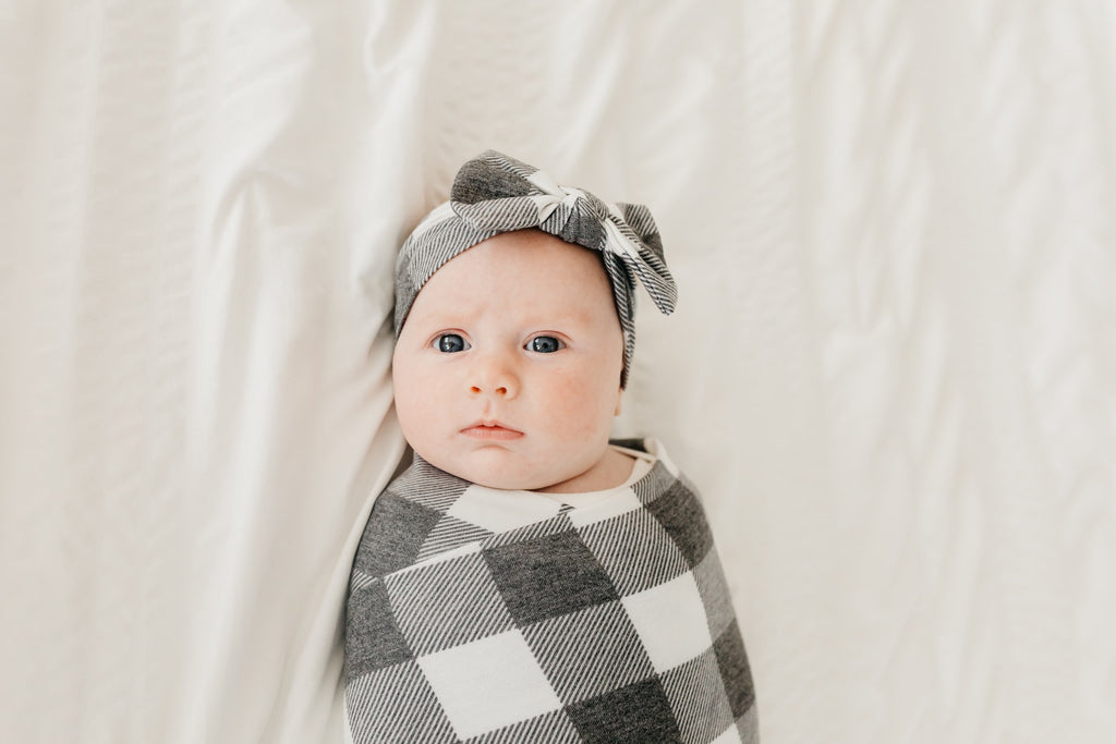 Copper Pearl Bow Headwrap Headband, Scotland Black and White Plaid Headband