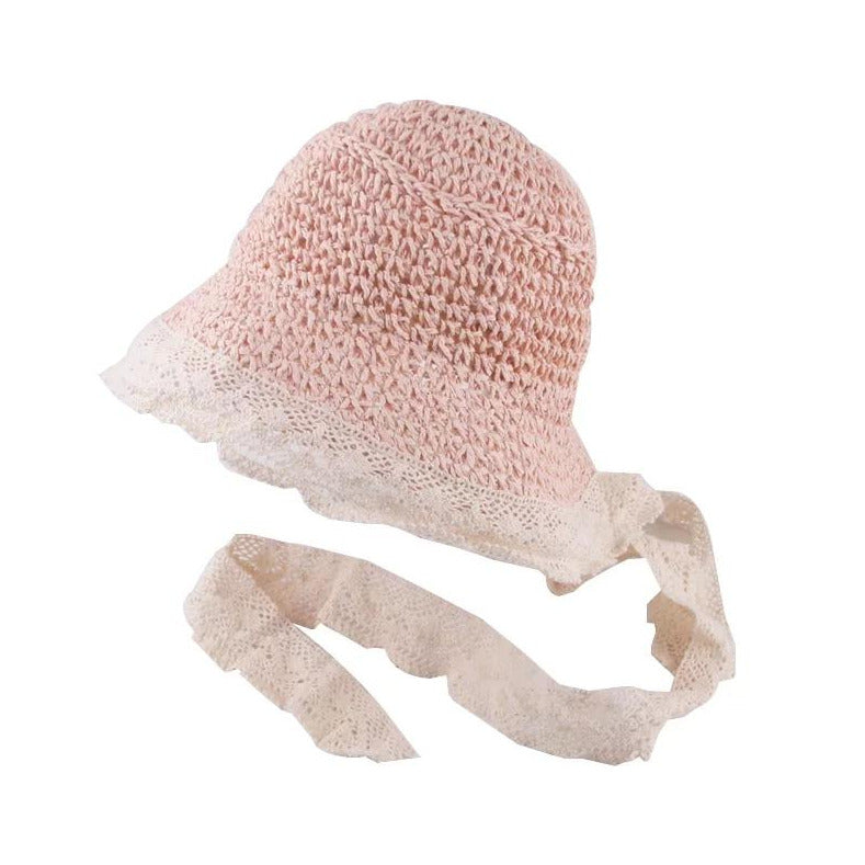 Crushable Straw Sunhats w/ Crochet Lace, Pink, Adjustable Head Size