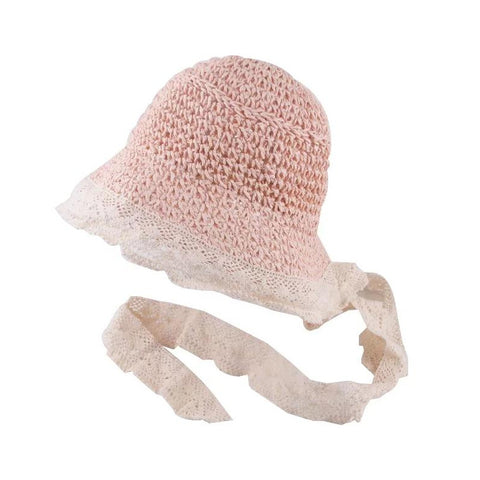 Crushable Straw Sun Hat w/ Crochet Lace, Blush Pink