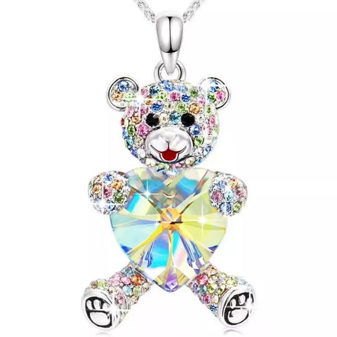 Pendant Necklace, Crystal Heart Teddy Bear, AB Clear Crystal