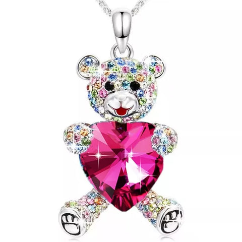 Pendant Necklace, Crystal Heart Teddy Bear, Magenta
