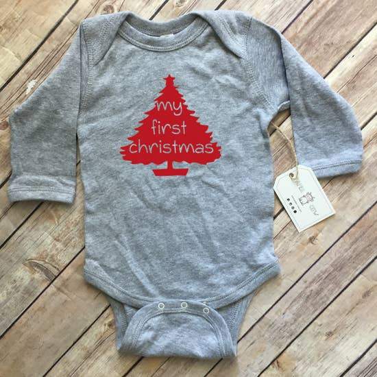 My First Christmas long sleeve baby bodysuit, grey, front view