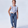 6549 Girls Mayoral Slouchy Pleated Denim Medium Washed Jeans, Front Pockets