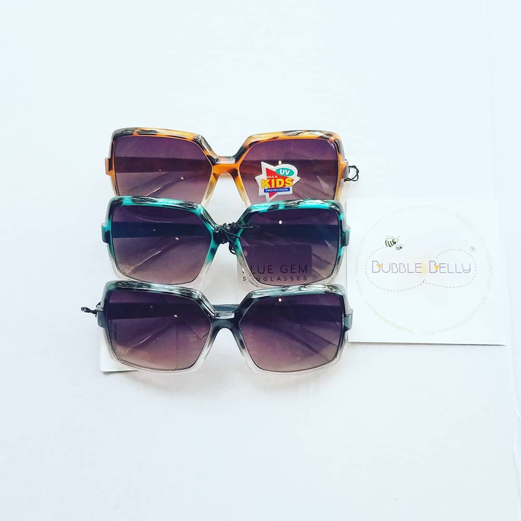 kids sunglasses, fashionable rectangular frames, animal print, tortoise print