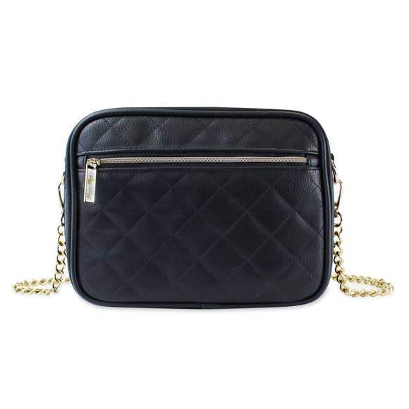 Black diaper bag purse, crossbody, quilted leatherette with changing pad