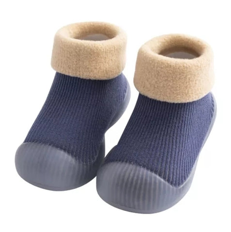 Rubber Sole Plush Lined Non-Slip Sock Shoe, Navy/Tan, Unisex